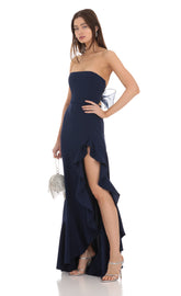 Strapless Back Bow Corset Maxi Dress in Navy