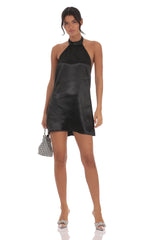 Satin Halter Shift Dress in Black