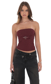 Pinstripe Strapless Buckle Top in Burgundy