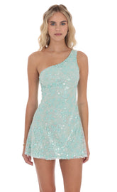 Sequin Floral One Shoulder Dress in Seafoam