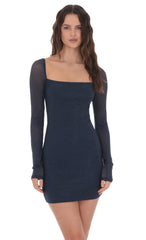 Rhinestone Long Sleeve Dress in Navy