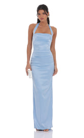 Satin Halter Maxi Dress in Light Blue