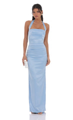 Satin Halter Maxi Dress in Light Blue