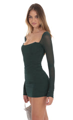 Shimmer Corset Long Sleeve Dress in Dark Green