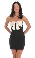 Satin Front Bow Strapless Dress in Black