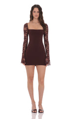Lace Long Sleeve Bodycon Dress in Brown