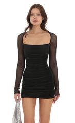 Pleated Mesh Bodycon Dress in Black