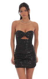 Strapless Sequin Cutout Bodycon Dress in Black