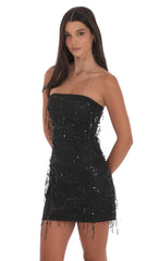 Strapless Sequin Fringe Dress in Black