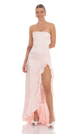 Satin Jacquard Back Bow Corset Maxi Dress in Pink