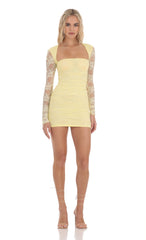 Lace Long Sleeve Bodycon Dress in Yellow