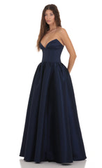 Corset Strapless Gown Dress in Navy
