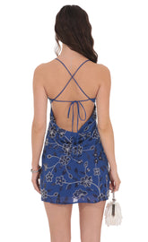 Floral Beaded Sequin Open Back Dress in Royal Blue