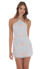 Floral Embroidered Halter Dress in Light Blue