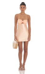 Satin Strapless Twist Cutout Dress in Peach