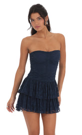 Lace Strapless Ruched Ruffle Dress in Navy