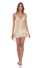 Satin V-Neck Open back Dress in Gold