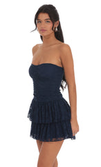 Lace Strapless Ruched Ruffle Dress in Navy