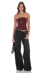 Pinstripe Strapless Buckle Top in Burgundy