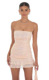 Sequin Ruched Bodycon Dress in Peachy Pink