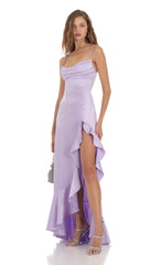 Venus Satin Ruffle Dress in Lavender