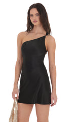 Satin One Shoulder Open Back Dress in Black