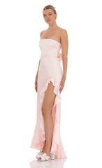 Satin Jacquard Back Bow Corset Maxi Dress in Pink