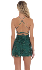 Sequin Embroidered Open Back Dress in Green