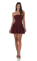 Jacquard Strapless Flare Dress in Burgundy