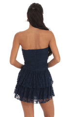 Lace Strapless Ruched Ruffle Dress in Navy