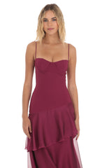 Long Ruffle Maxi Dress in Plum