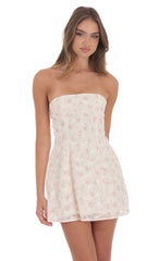 Floral Strapless Fit and Flare Dress in Ivory