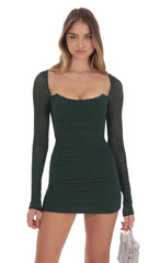 Shimmer Corset Long Sleeve Dress in Dark Green