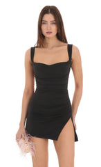 Tulle Back Bow Ruched Bodycon Dress in Black