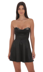 Satin Lace Bust Flare Dress in Black
