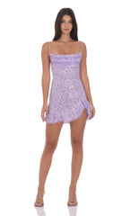 Sequin Beaded Ruffled Slit Dress in Lavender