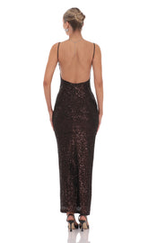 Copper Sequin Bodycon Maxi Dress in Black