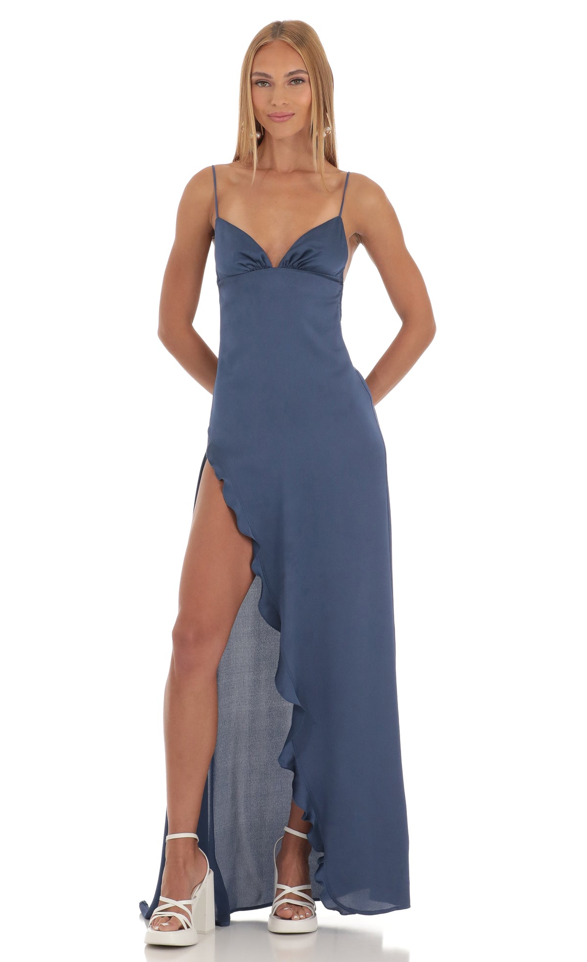 Satin Ruffle Maxi Dress in Blue
