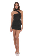 Scarf Rhinestone Mesh Bodycon Dress in Black
