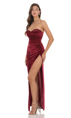 Strapless Velvet Sequin Bust Maxi Dress in Maroon