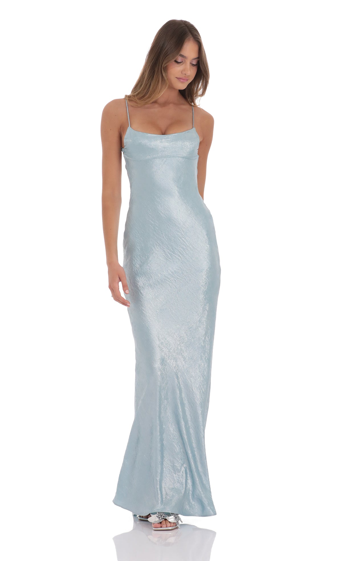 Crinkle Satin Open Back Maxi Dress in Sky Blue