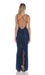 Foil Back Ruffle Maxi Dress in Navy