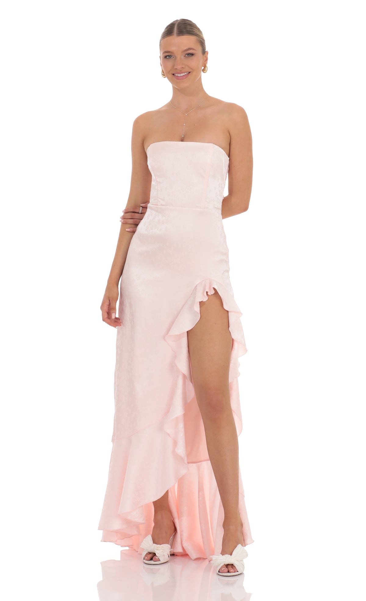 Satin Jacquard Back Bow Corset Maxi Dress in Pink