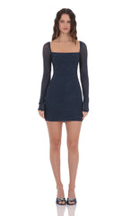 Rhinestone Long Sleeve Dress in Navy
