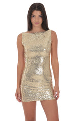 Sequin High Neck Open Back Dress in Gold