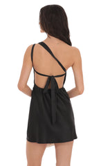 Satin One Shoulder Open Back Dress in Black