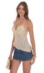 Asymmetrical Sequin Ruffle Top in Gold