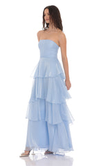 Corset Ruffle Strapless Maxi Dress in Sky Blue