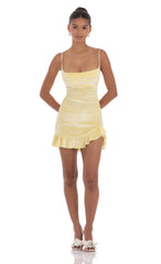 Velvet Ruffled Slit Dress in Yellow