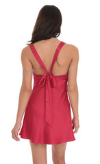 Satin V-Neck Open back Dress in Red